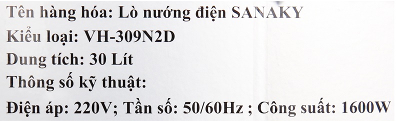 Dung tích 30 lít - Lò nướng Sanaky VH309N2D 30 lít
