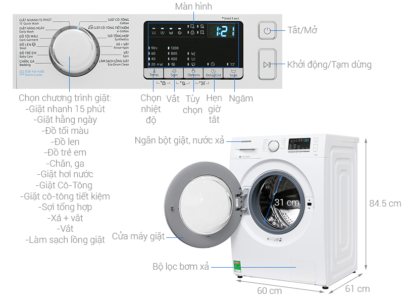 Thông số kỹ thuật Máy giặt Samsung Inverter 7.5 kg WW75J42G0KW/SV