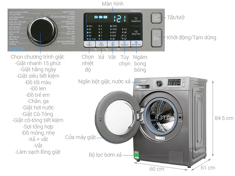 Thông số kỹ thuật Máy giặt Samsung Inverter 8 kg WW80J54E0BX/SV