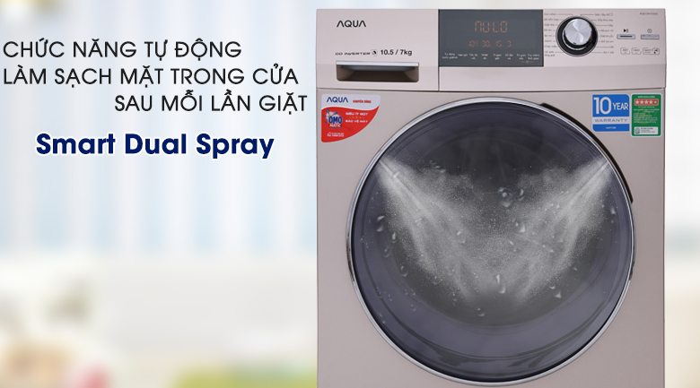 Tự làm sạch mặt trong cửa (Smart Dual Spray) - Máy giặt sấy Aqua Inverter 10.5Kg AQD-DH1050C N