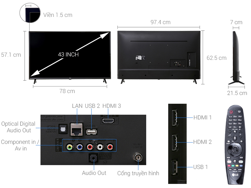 Thông số kỹ thuật Smart Tivi LG 4K 43 inch 43UJ632T