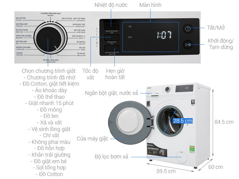 Thông số kỹ thuật Máy giặt Toshiba Inverter 8.5 Kg TW-BH95S2V WK