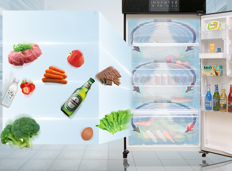 Công nghệ luồng khí lạnh vòng cung của tủ lạnh Toshiba GR-HG55VDZ XK giúp cho các hơi lạnh thổi luân phiên trong tủ lạnh