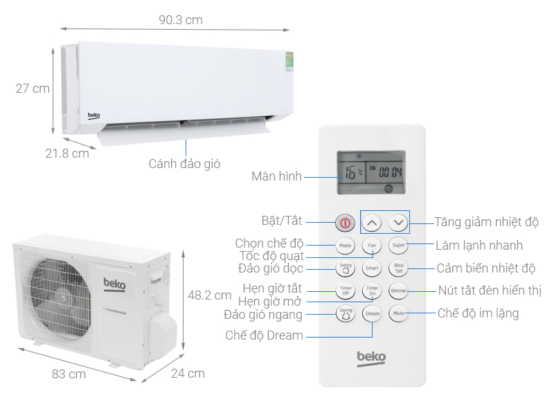 Thông số kỹ thuật Máy lạnh Beko Inverter 1.5 HP RSVC13AV