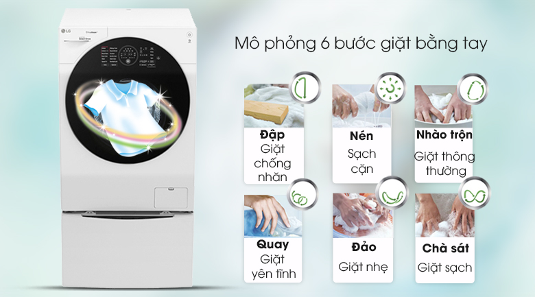 Công nghệ giặt 6 chuyển động - Máy giặt sấy LG TWINWash Inverter 10.5 kg FG1405H3W1 & TG2402NTWW
