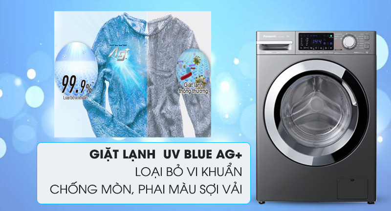 Máy giặt Panasonic Inverter 10 Kg NA-V10FX1LVT-Loại bỏ vi khuẩn, chống phai màu sợi vải bằng giặt lạnh UV Blue Ag+ 