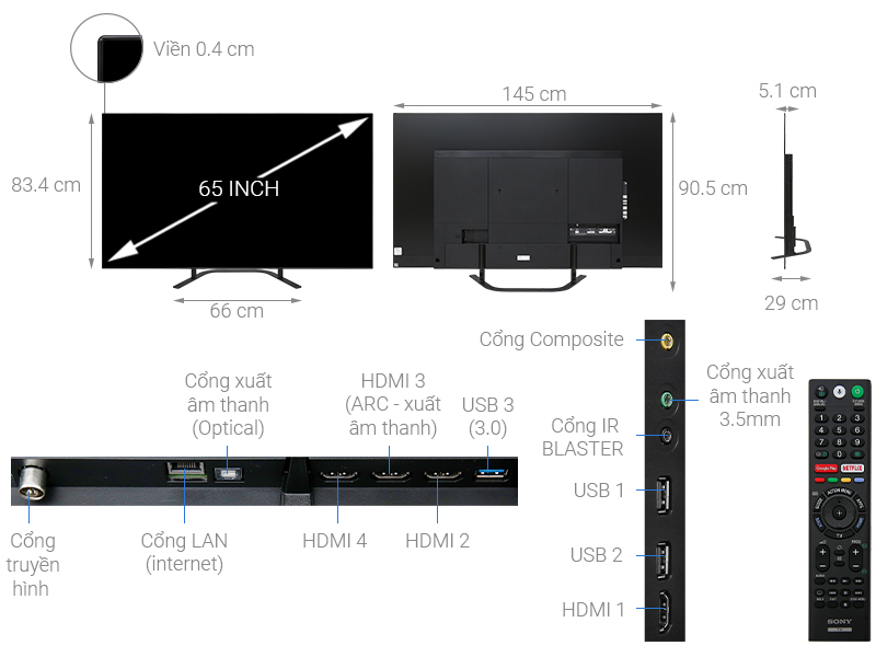 Thông số kỹ thuật Android Tivi OLED Sony 4K 65 inch KD-65A8G